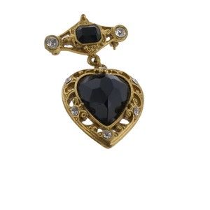 Vtg 1928  Brand Rhinestone Studded bar with black dangle heart brooch Pin
